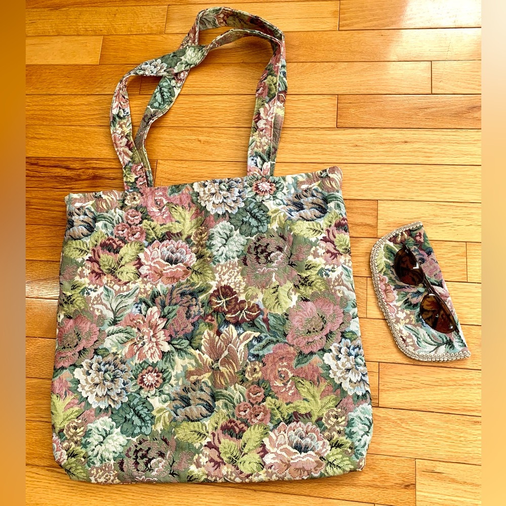 Handmade Vintage Floral Tapestry Jacquard
 Tote Large Bag & Sunglasses Case